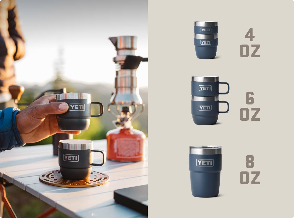 YETI mug being held with outdoor setting and size chart on a beige background