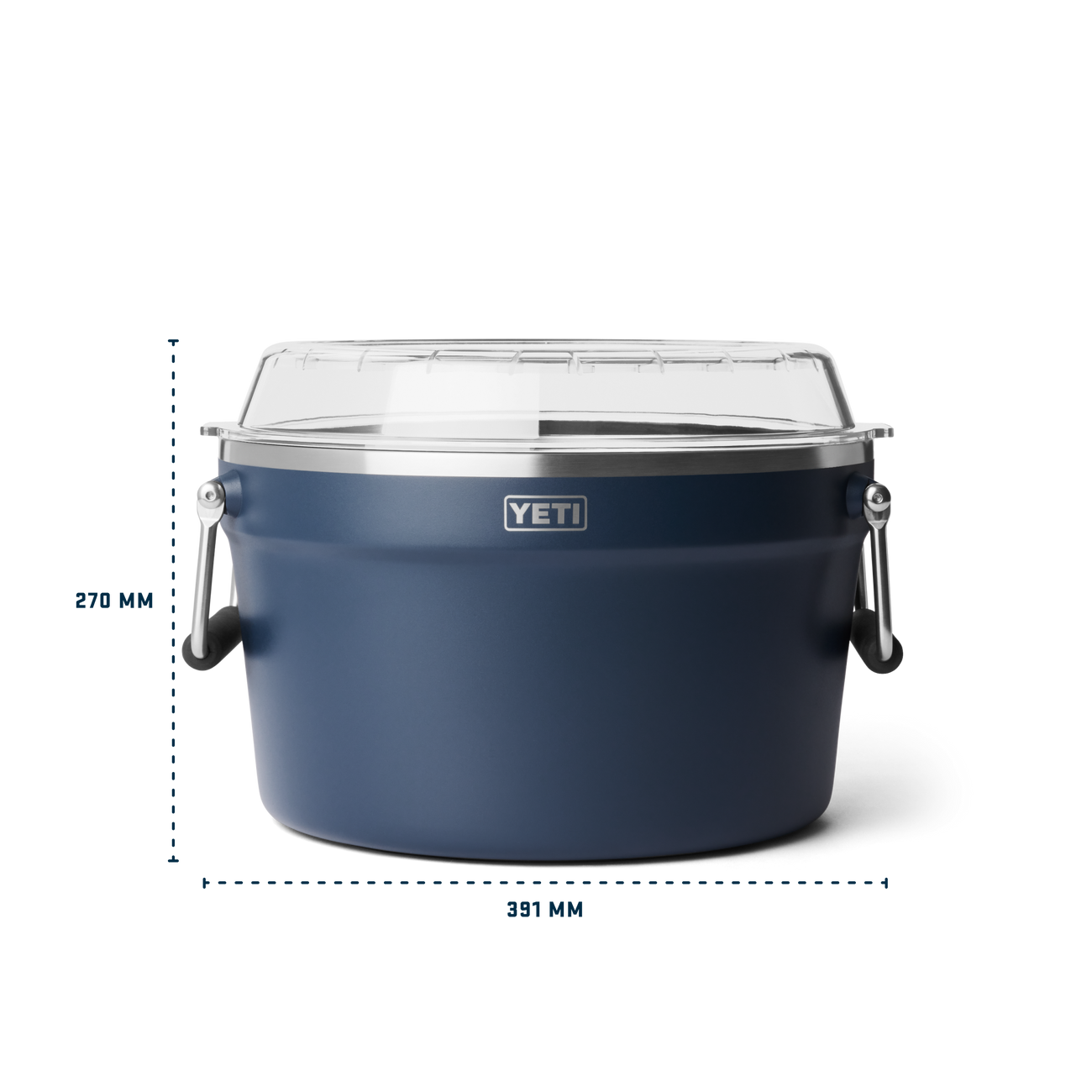 Navy blue YETI beverage bucket with dimensions on a white background