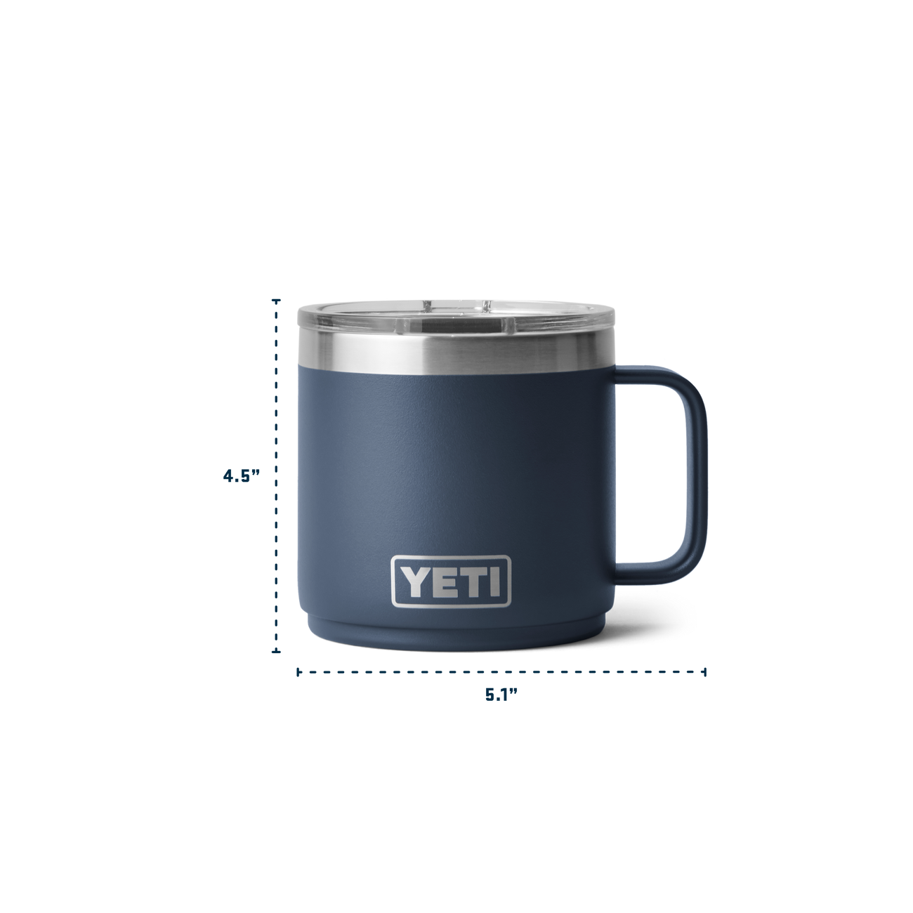 Navy blue YETI mug with dimensions on a white background