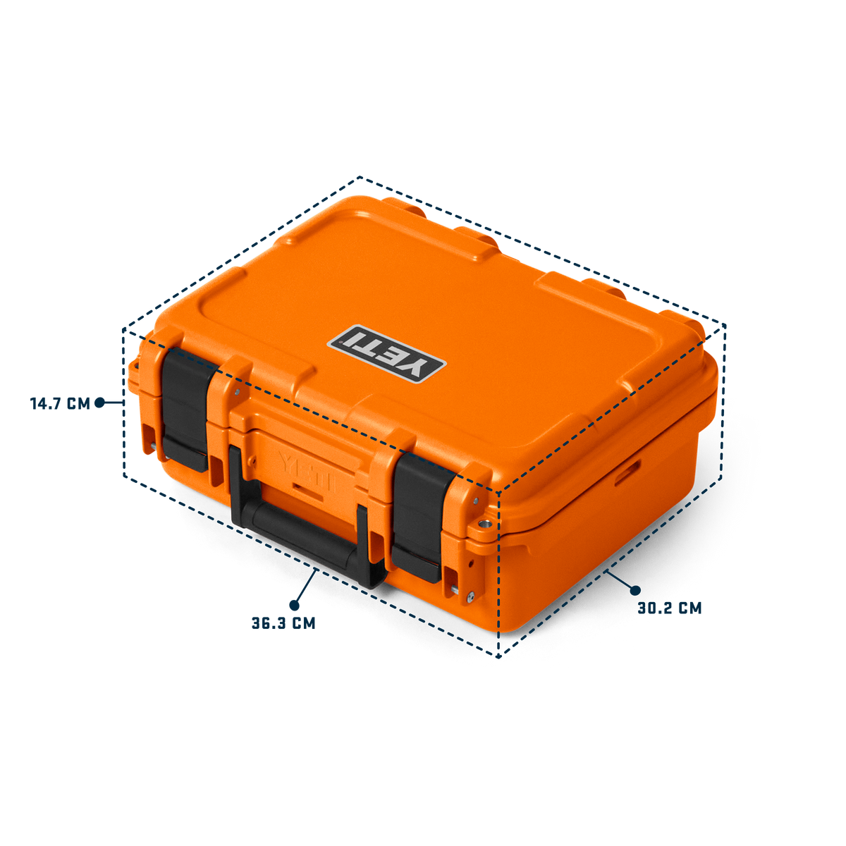 Orange YETI hard case shown with dimension callouts and dashed measurement lines indicating 35.3 cm length, 30.