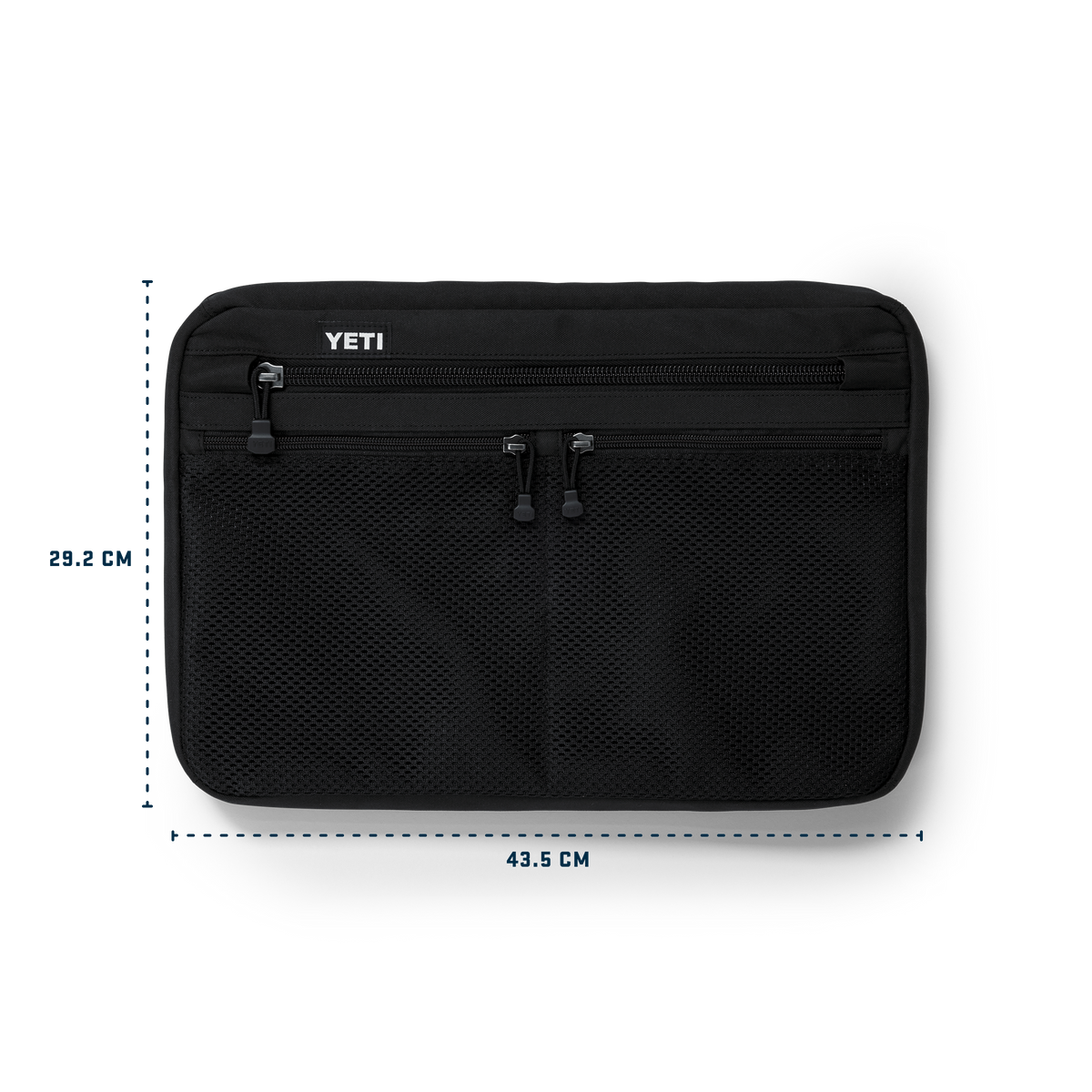Black YETI mesh organizer pouch with two zippered pockets, shown on a white background with dimension lines indicating 43.5 cm width and 29.